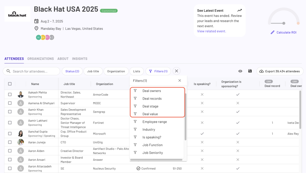 EDP Attendee tab with Filters drop down menu contents shown, focusing on CRM Deal related filters.