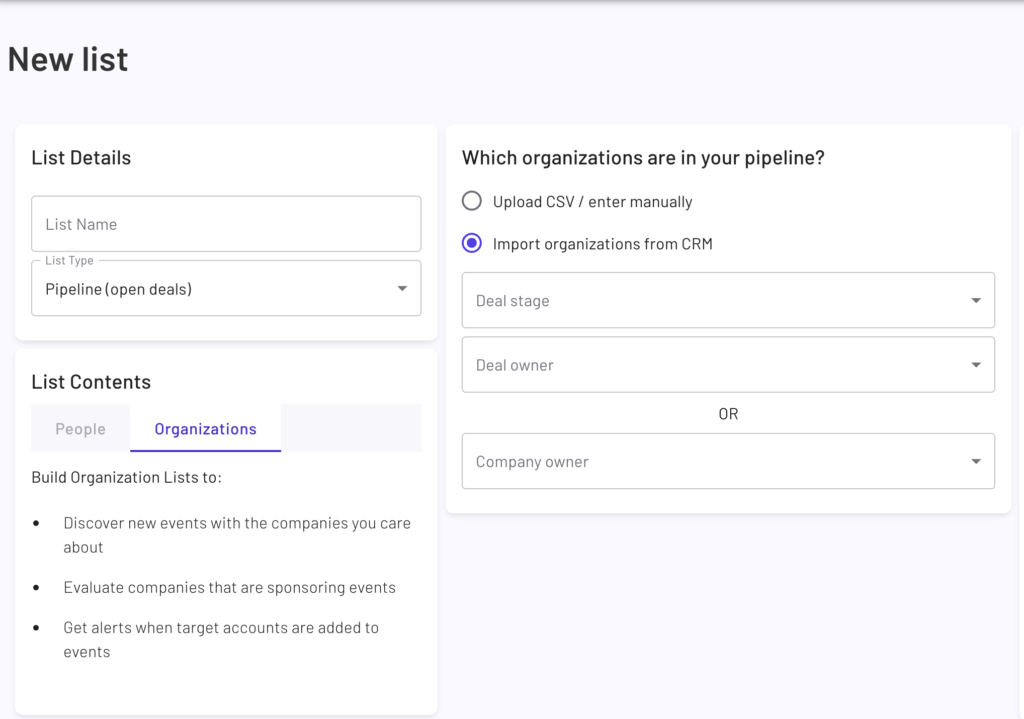 Creating a new Pipeline (open deals) list type with Organizations list contents with ‘Import organizations from CRM’ selected.