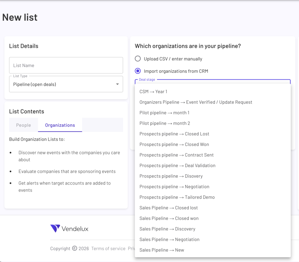 Creating a new Pipeline (open deals) list type with People list contents with ‘Import organizations from CRM selected’ and the ‘Deal Stage’ drop down menu is visible.