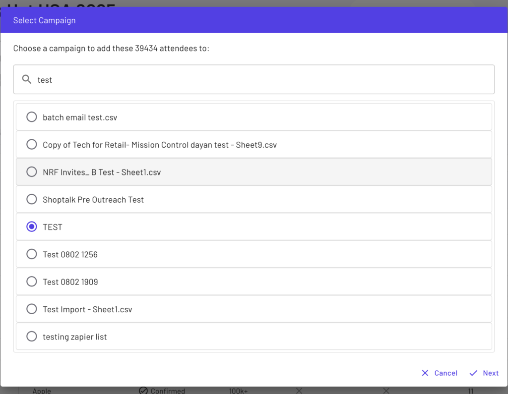 Once ‘Export to CRM’ is selected, the user can search for and select a CRM Campaign.
