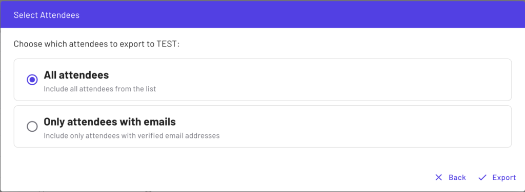 After the target CRM Campaign is selected, the user can select which attendees to export to their CRM.