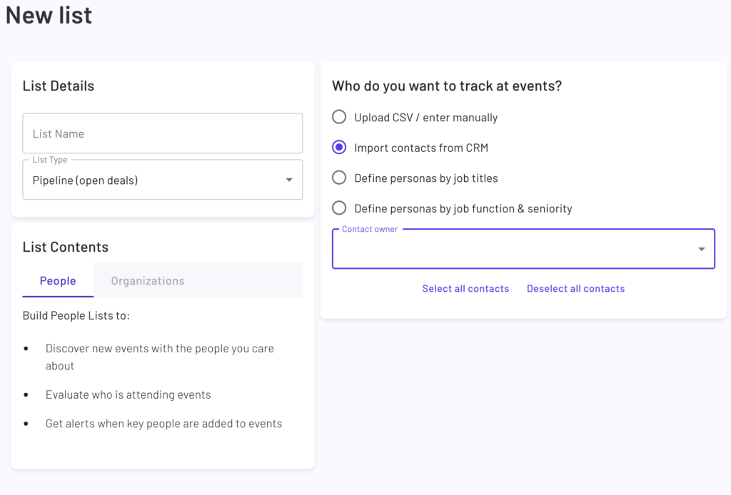 Creating a new Pipeline (open deals) list type with People list contents.